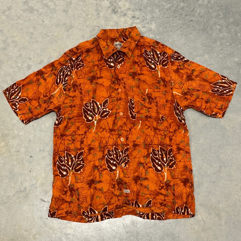 Vintage Guess Linen Orange and Brown Hawaiian Floral Shirt